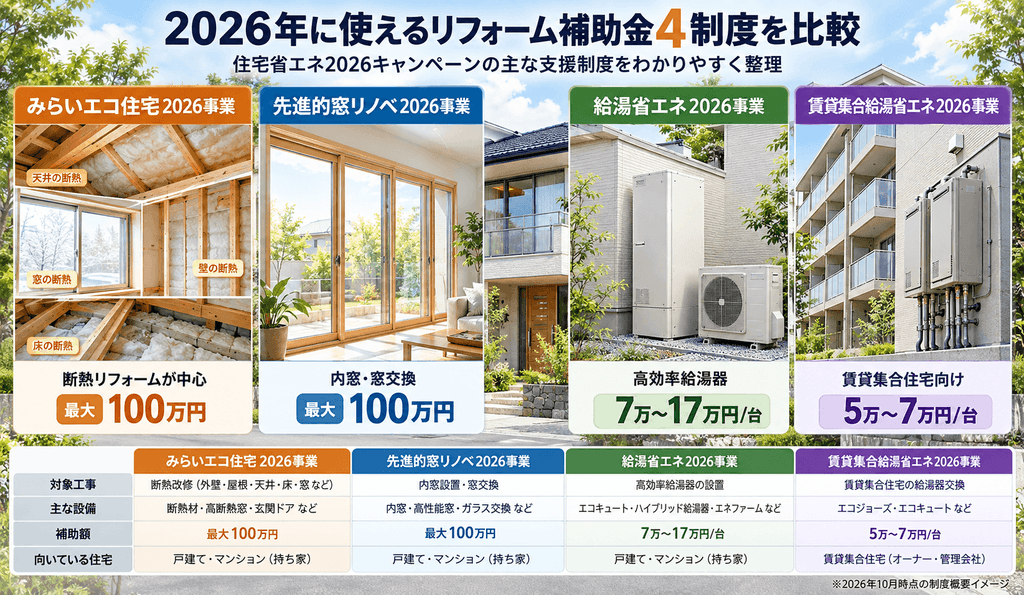 2026年に使えるリフォーム補助金4制度を比較